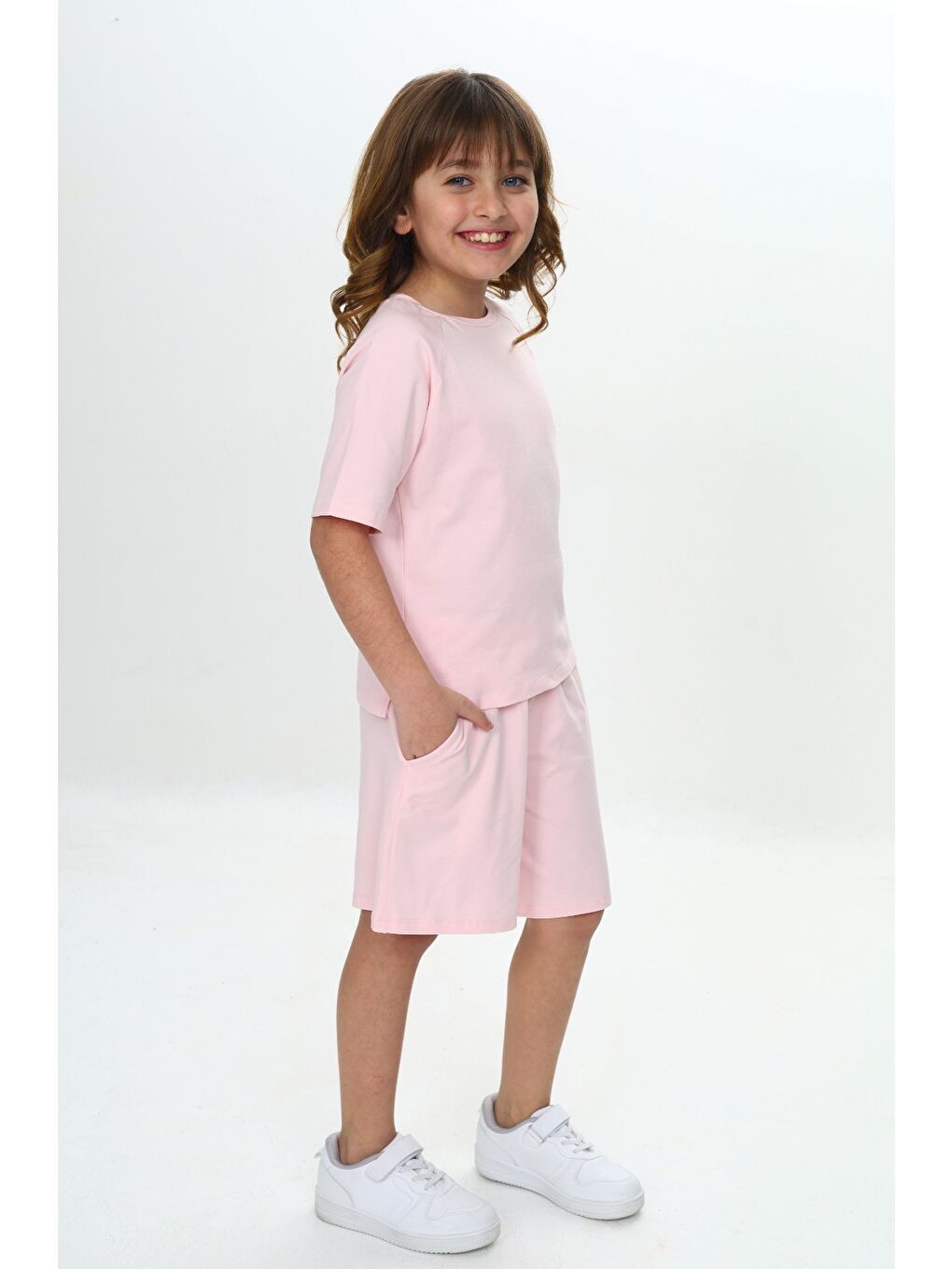 Pembe Kız Çocuk Göğsü Yazı Baskılı Şortlu Takım-3