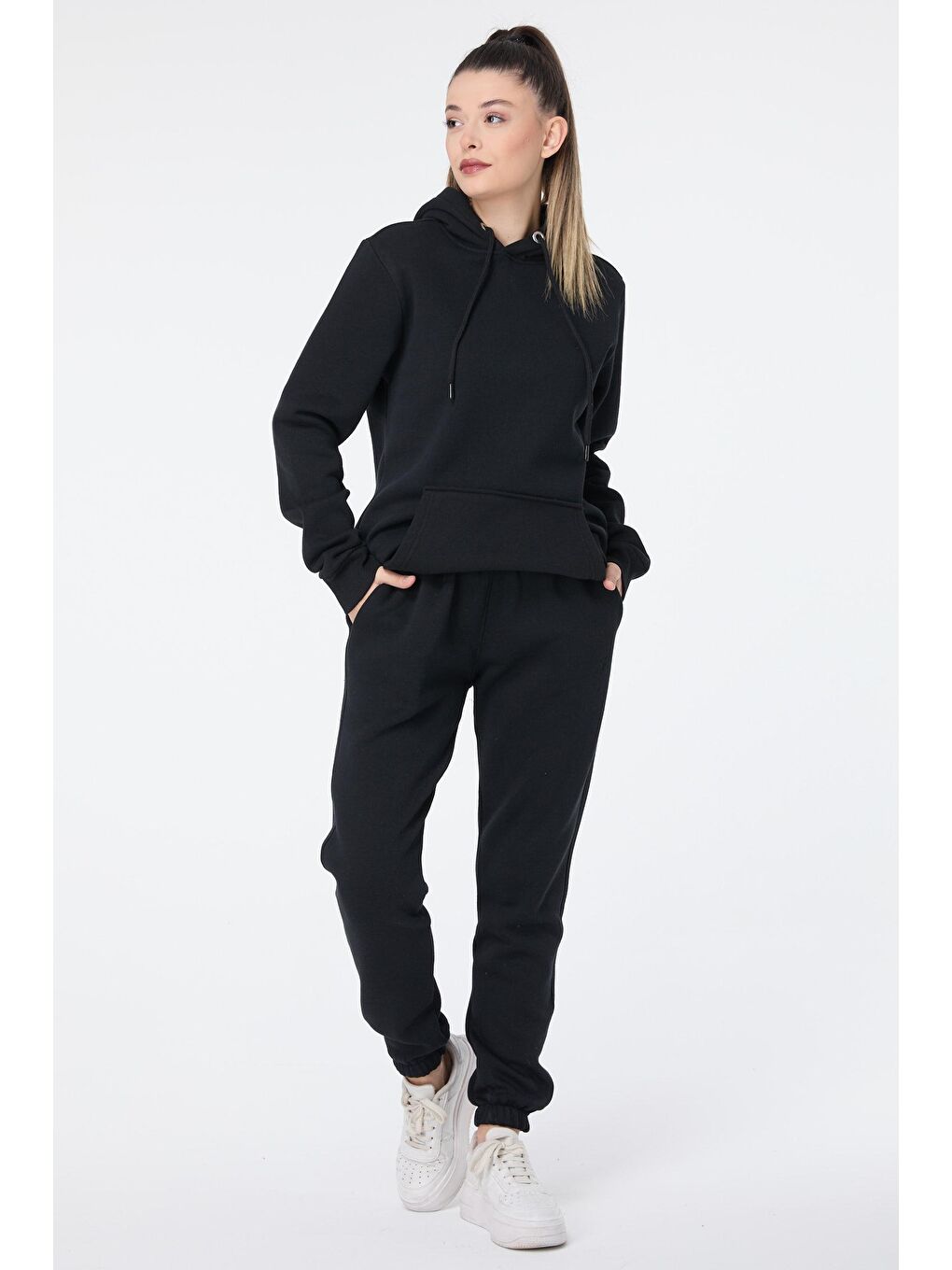 Kapüşonlu Yaka Kadın Siyah Eşofman Takımı - 23731-1