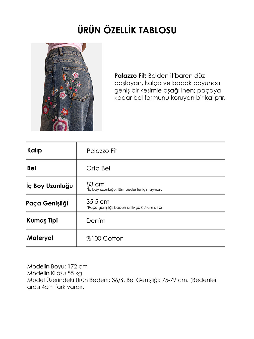 Mavi Kadın Jean Rengi 4w6-85 Palazzo Fit Renkli Nakış Özel Tasarım Denim Jean-3