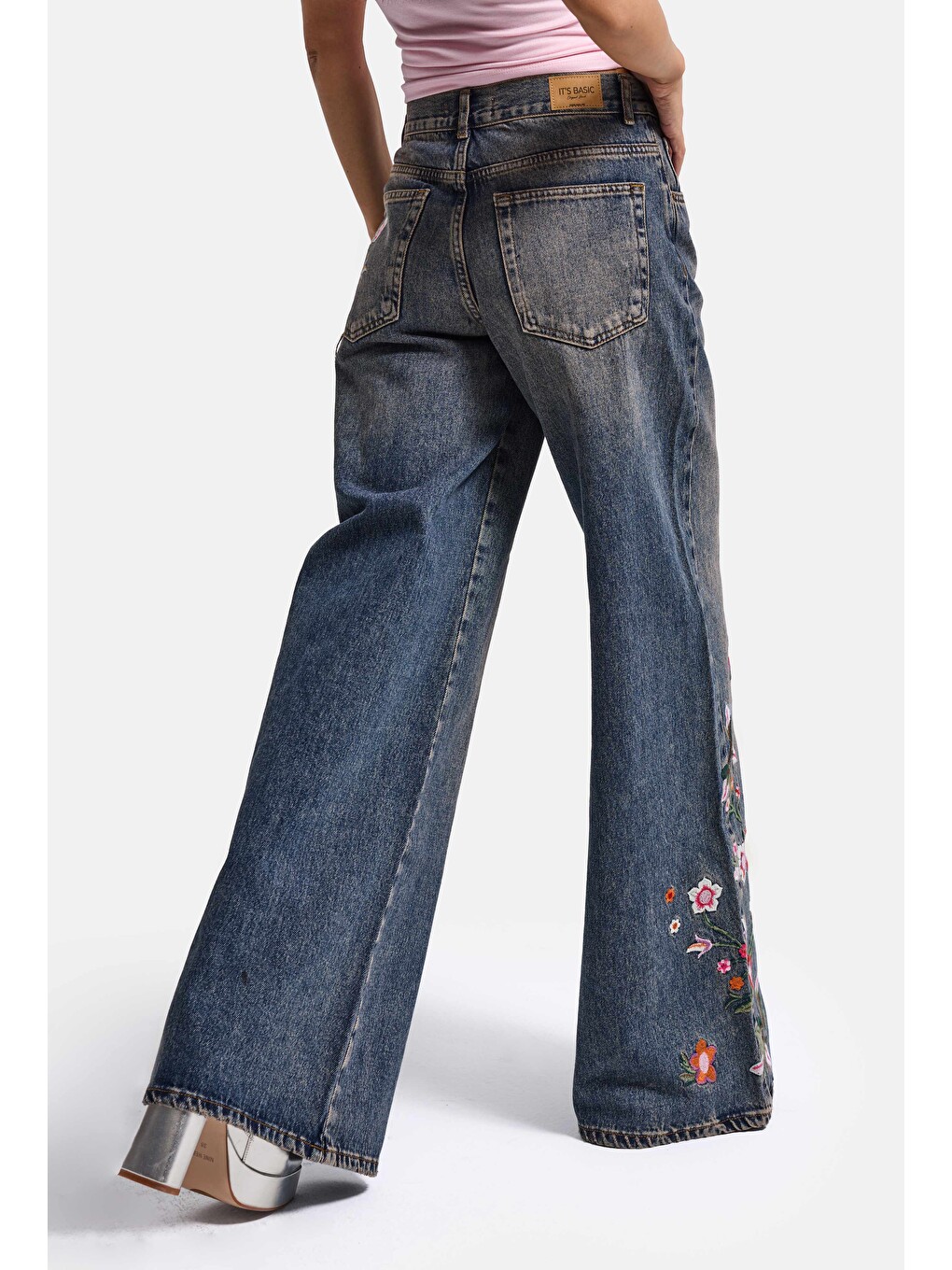 Mavi Kadın Jean Rengi 4w6-85 Palazzo Fit Renkli Nakış Özel Tasarım Denim Jean-4
