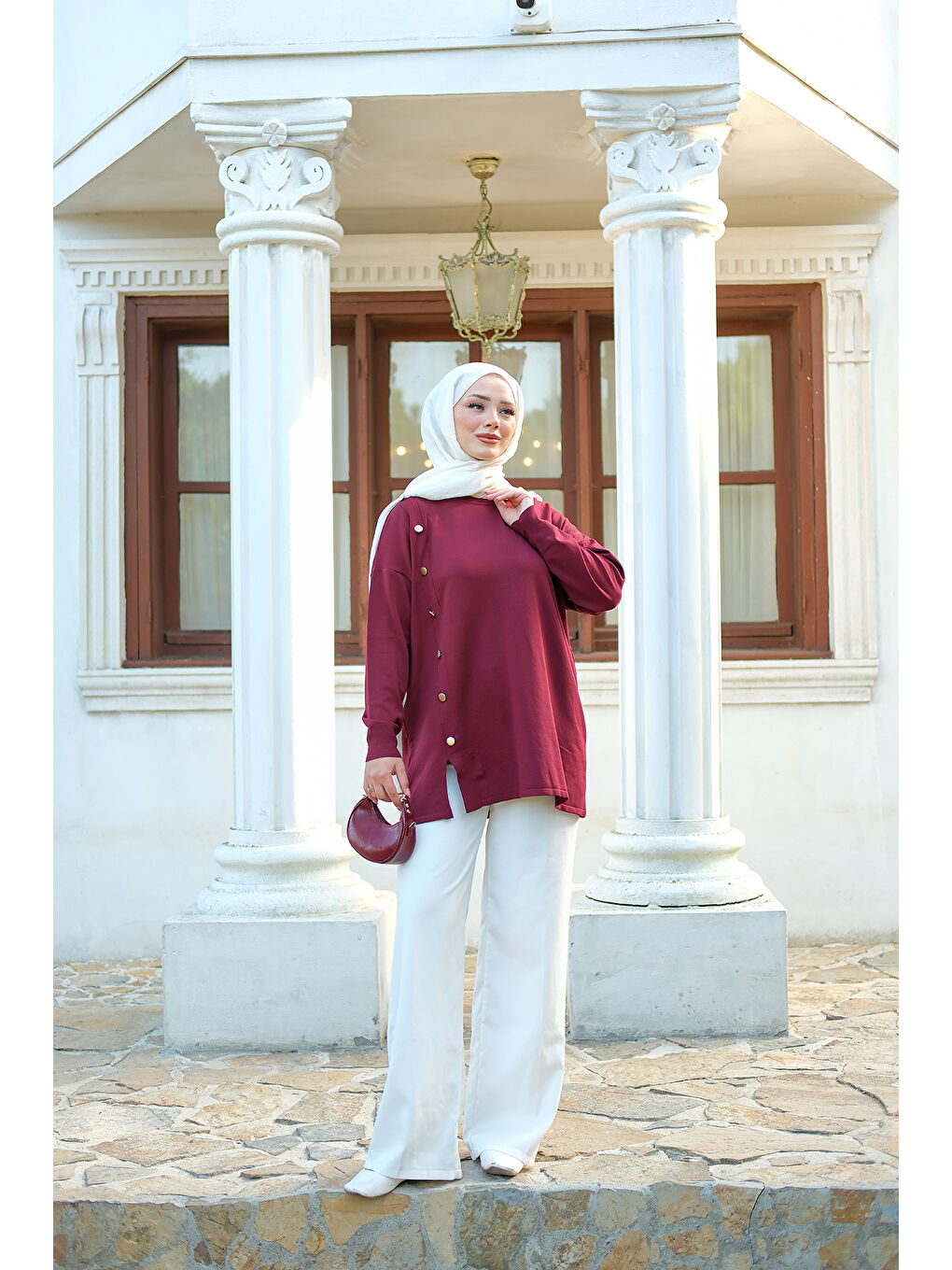 Kadın Ön Düğme Detay Tunik Bordo-3