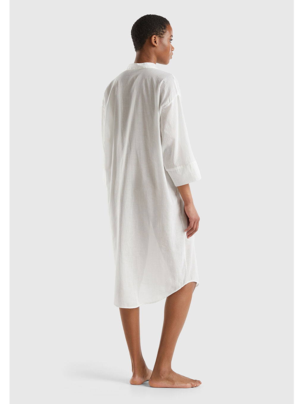 Ekru Kadın Krem %100 Pamuk Önü Düğmeli Hakim Yaka Gömlek Elbise-2