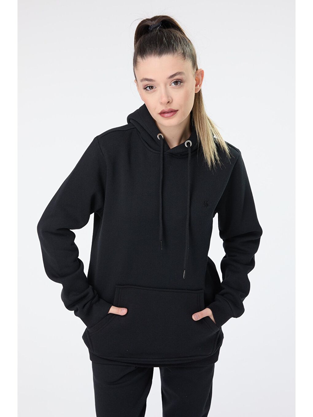 Kapüşonlu Yaka Kadın Siyah Eşofman Takımı - 23731-3