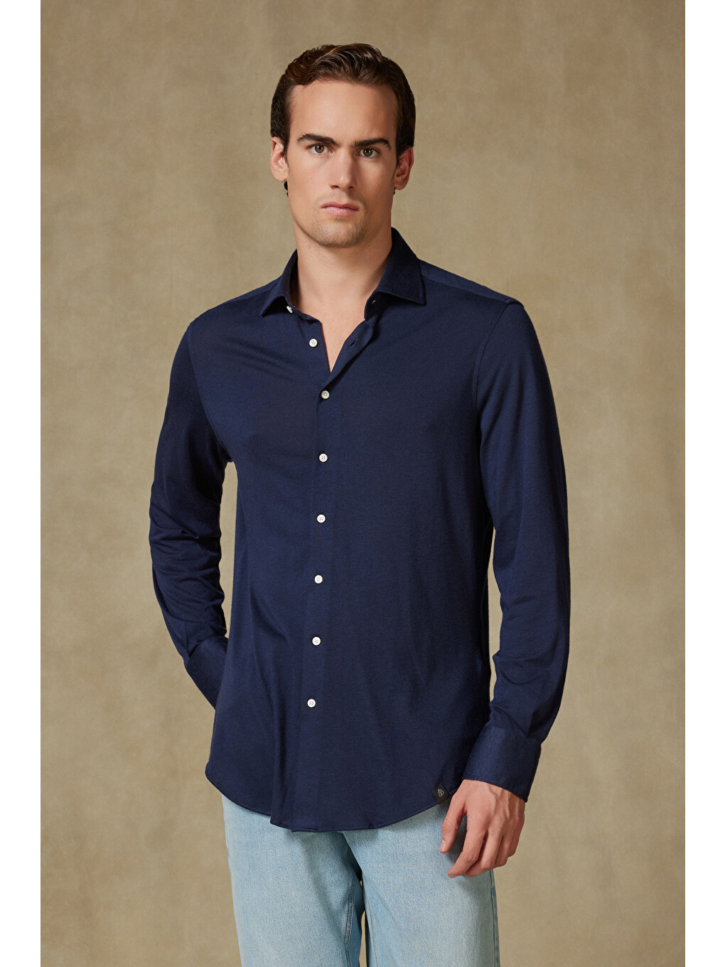 Lorenzo Jersey Viskon Karışımlı Comfort Fit Lacivert Klasik Yaka Erkek Düz Gömlek