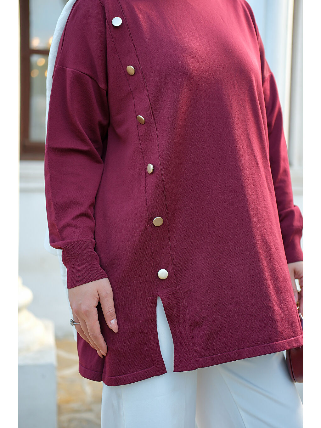 Kadın Ön Düğme Detay Tunik Bordo-4