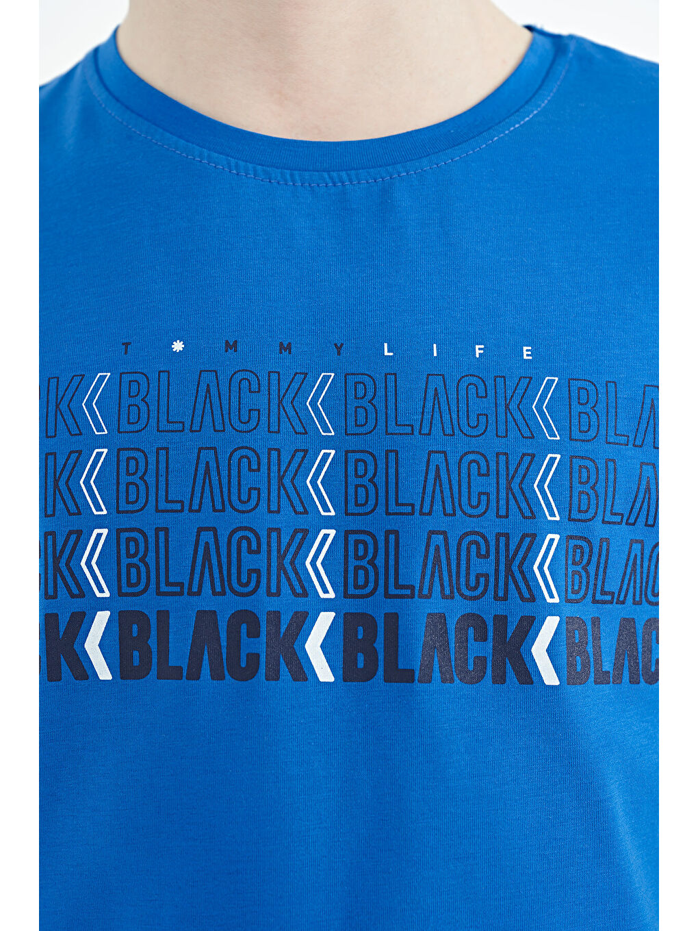 Mavi Saks Yazı Baskılı O Yaka Standart Kalıp Erkek Çocuk Tişört - 11149-2