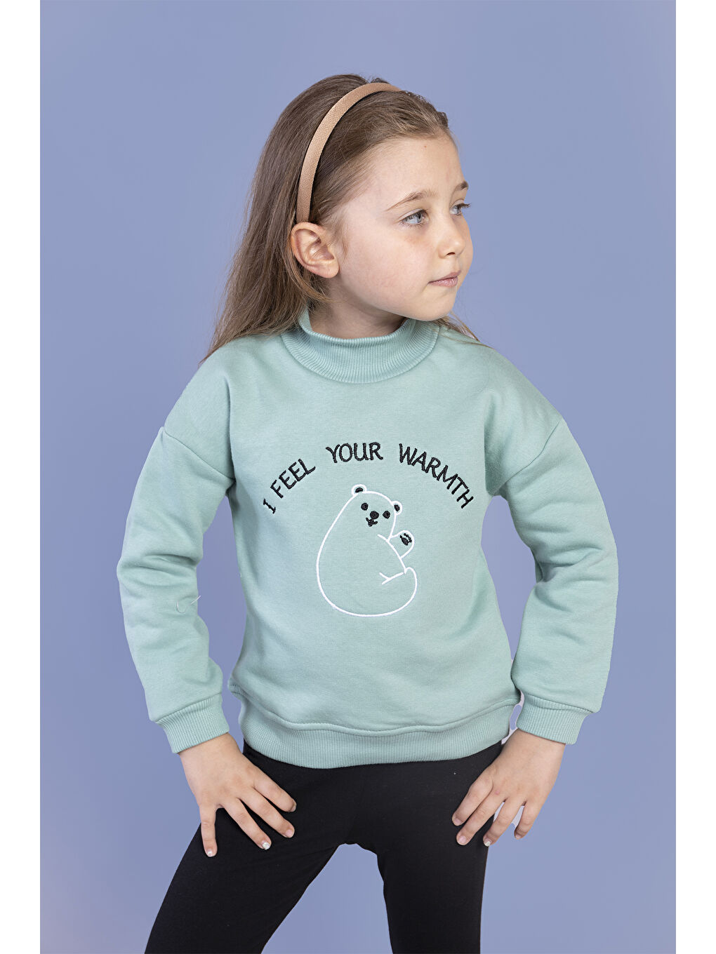 Toontoykids Yeşil Kız Çocuk Nakışlı Balıkçı Yaka Pamuklu Sweatshirt