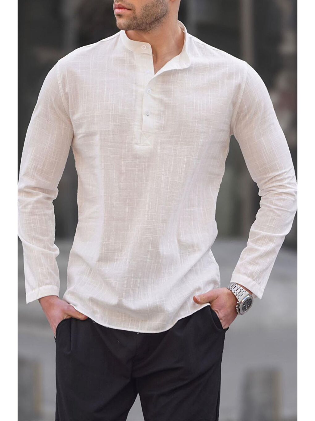 Beyaz Keten Görünümlü Regular Kalıp Erkek Gömlek 5586-2