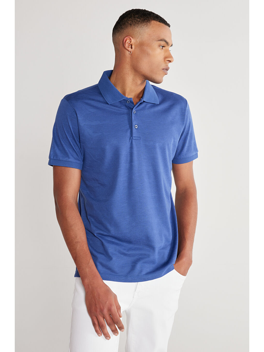 Erkek İndigo Slim Fit Dar Kesim Polo Yaka Jakarlı Kısa Kollu Tişört-2