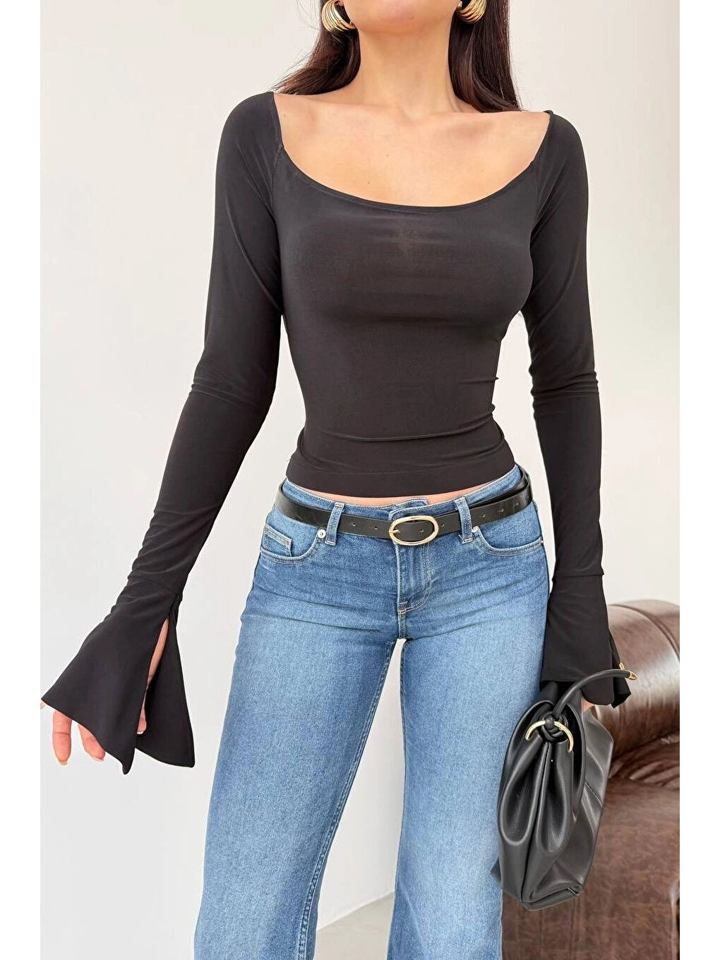 Kadın Siyah Sırt Bağlamalı İspanyol Kol Bluz 1041-2772