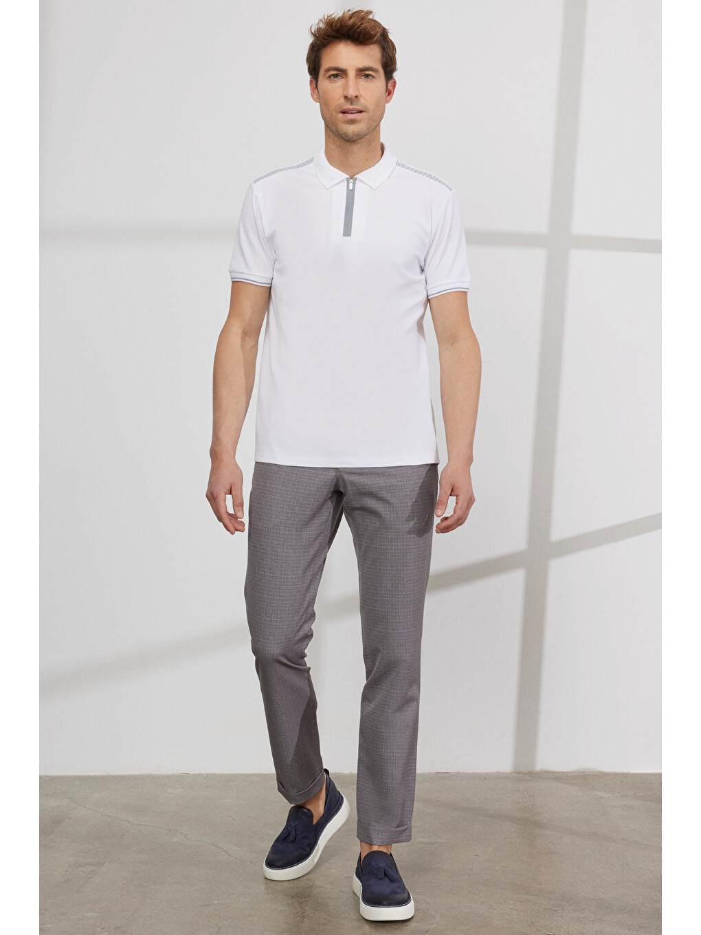 Erkek Beyaz Slim Fit Dar Kesim Polo Yaka Pamuklu Kısa Kollu Tişört-1