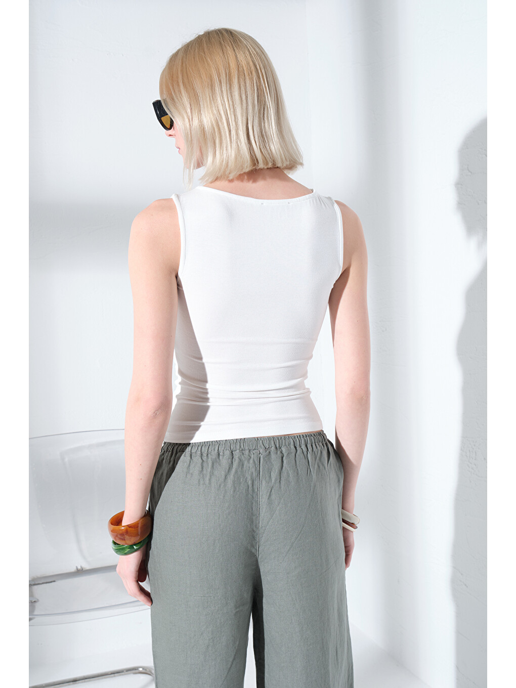 Ekru Kayık Yaka Bel Büzgülü Soft Touch Premium Örme Sıfır Kol Kadın Bluz @Puglia-4