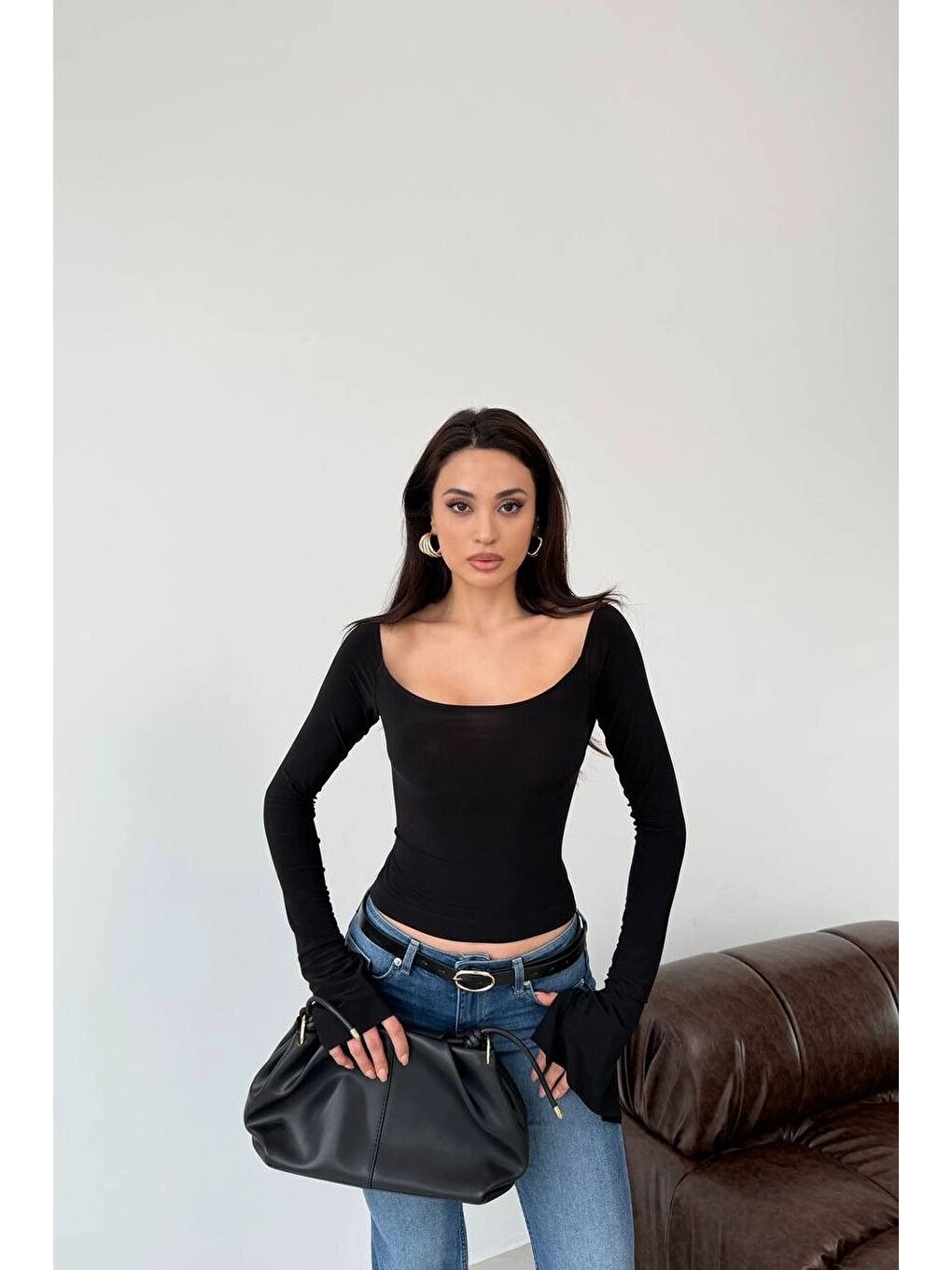Kadın Siyah Sırt Bağlamalı İspanyol Kol Bluz 1041-2772-1