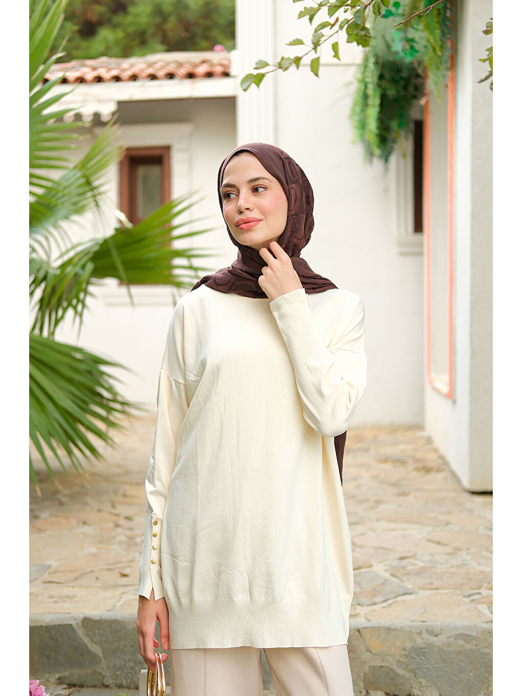 Kadın Bilek Gold Aksesuar Detay Tunik Ekru-1