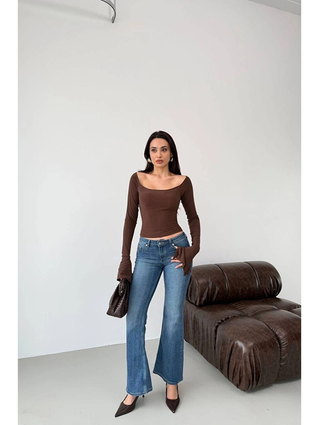 Kahverengi Kadın Kahve Sırt Bağlamalı İspanyol Kol Bluz 1041-2772-1