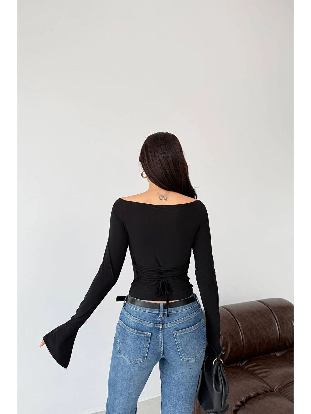 Kadın Siyah Sırt Bağlamalı İspanyol Kol Bluz 1041-2772-2