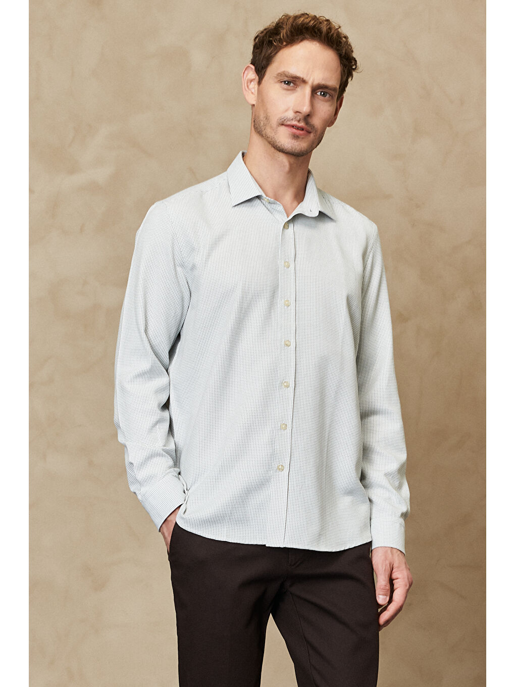 Erkek Yeşil-Beyaz Slim Fit Dar Kesim Klasik Yaka Armürlü Gömlek