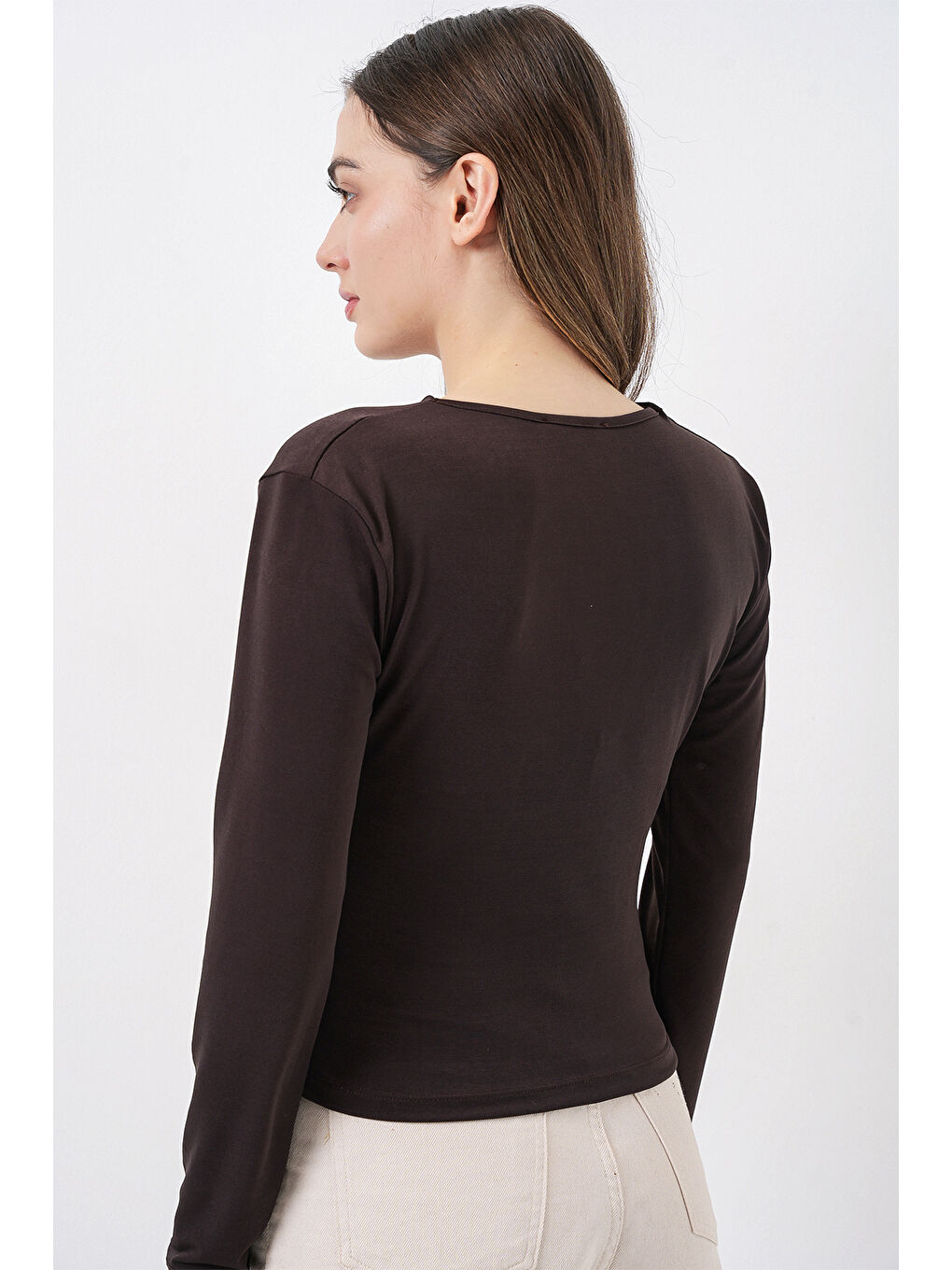 939 Anvelop Yaka Sandy Bluz - Kahverengi-6