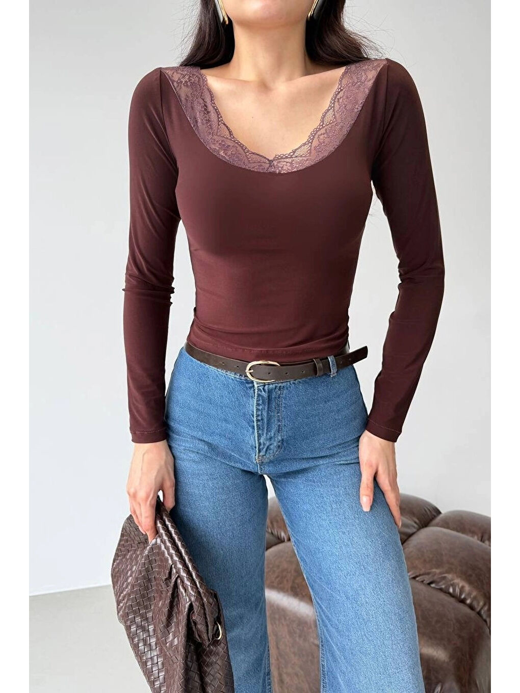 Kahverengi Kadın Kahve Yaka Dantelli Bluz 1041-2769
