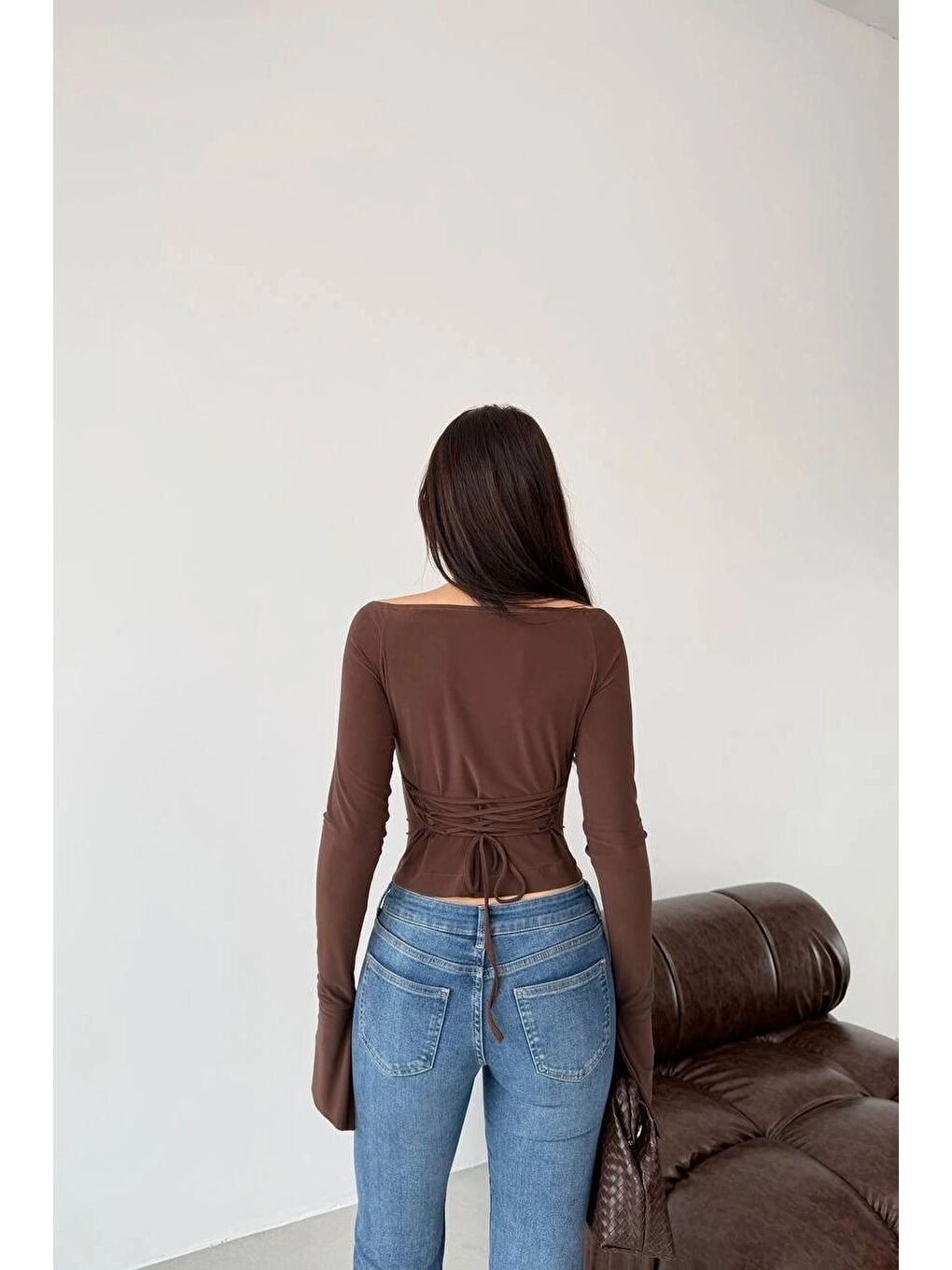 Kahverengi Kadın Kahve Sırt Bağlamalı İspanyol Kol Bluz 1041-2772-2
