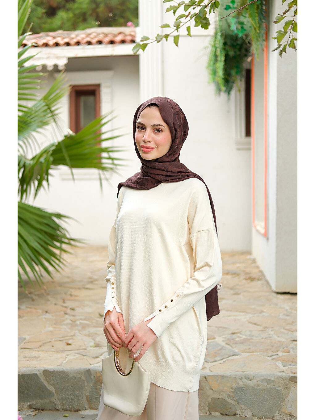 Kadın Bilek Gold Aksesuar Detay Tunik Ekru-2