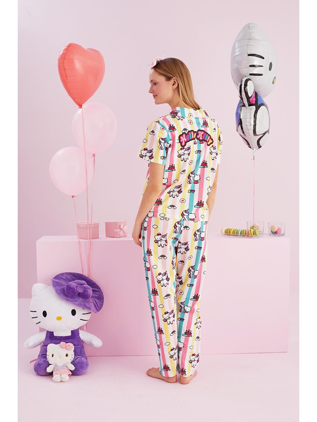 SİYAH İNCİ Karışık Hello Kitty Lisanslı %100 Pamuk Karışık Çok Renkli Bisklet Yaka Pijama Takım - 2