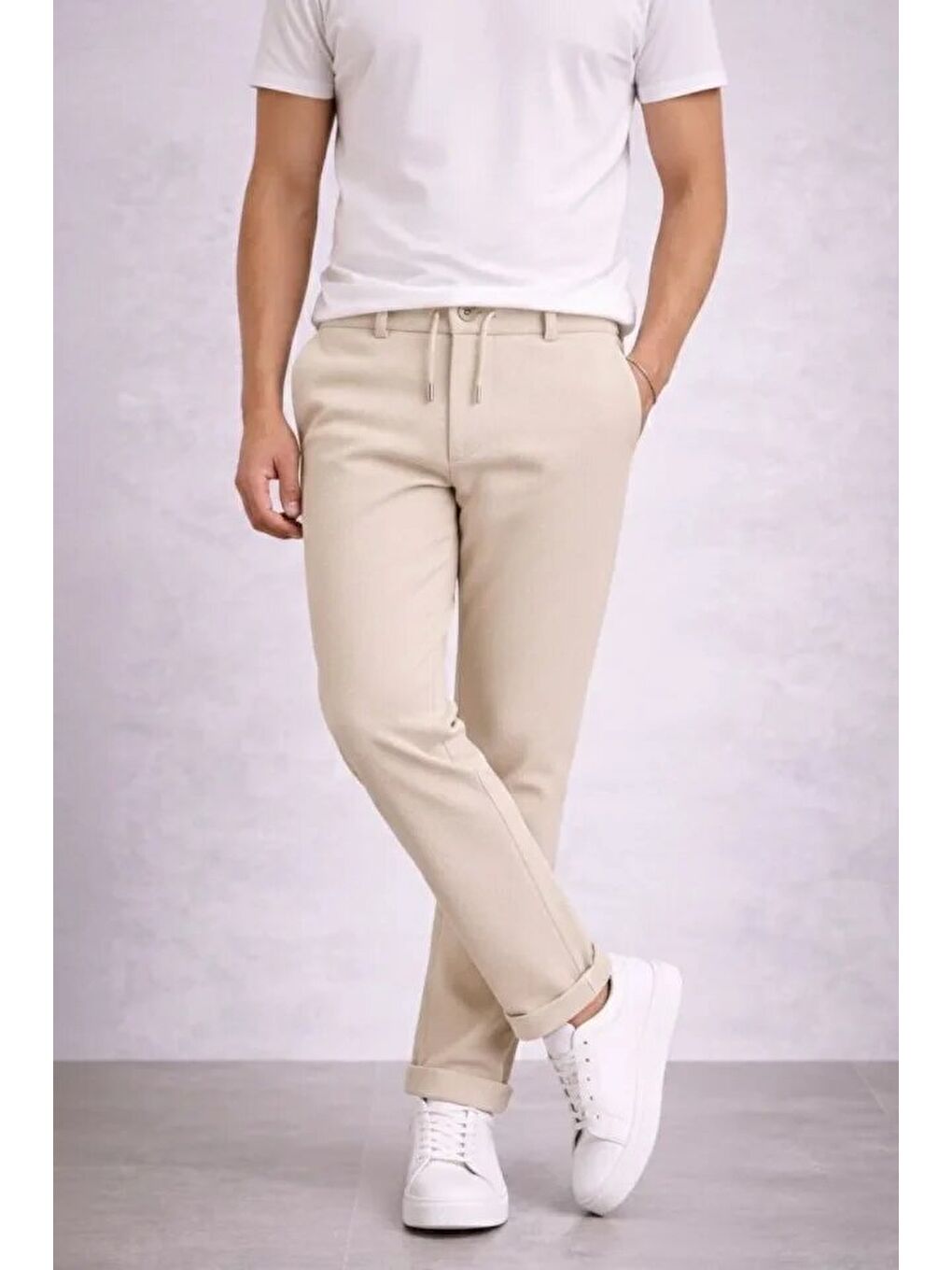 Ekru Erkek Diagonel Mikro Dokulu Duble Paça Cepli Pantolon Bağcıklı Bel, Modern Kesim - Krem-1