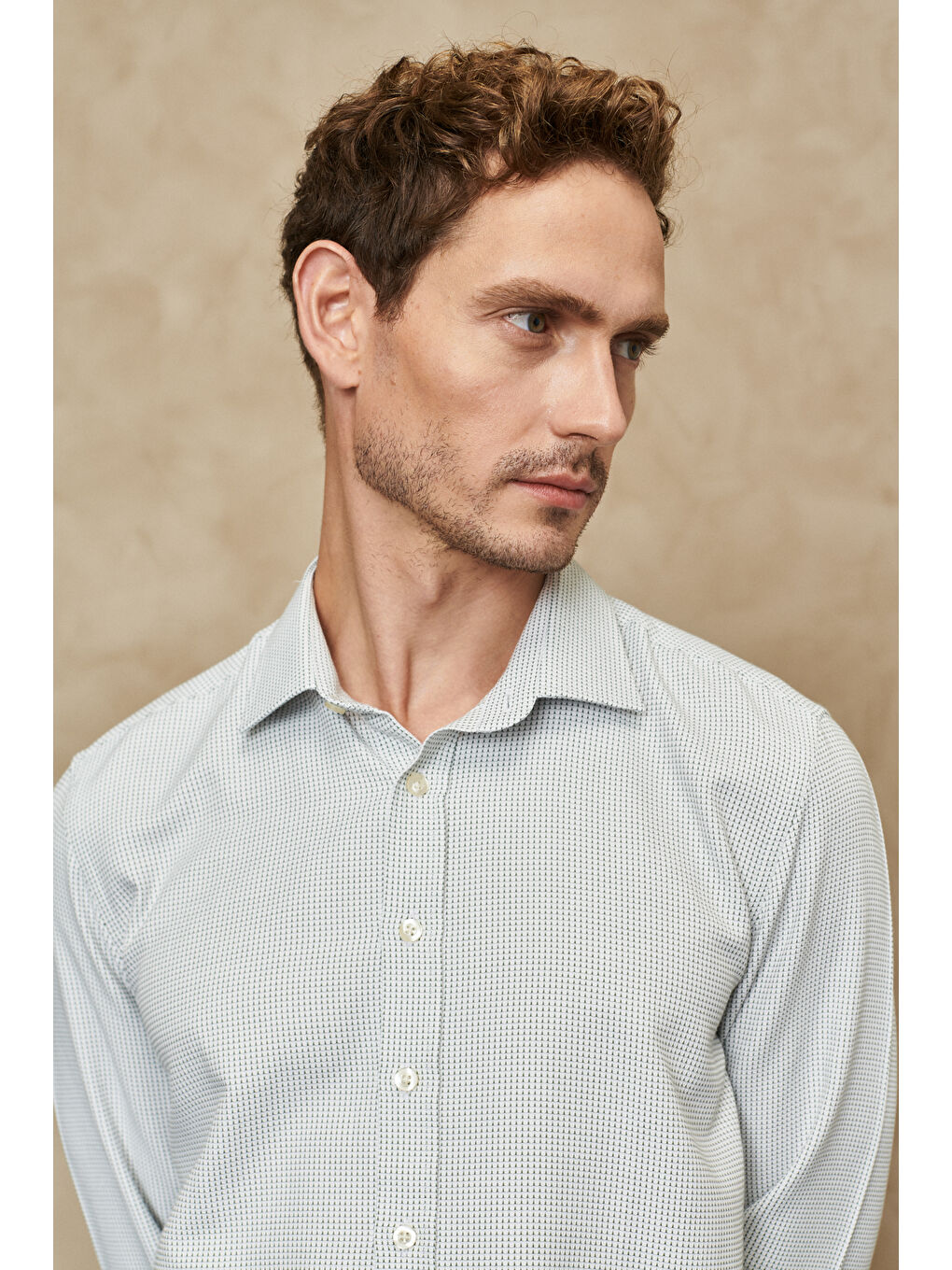 Erkek Yeşil-Beyaz Slim Fit Dar Kesim Klasik Yaka Armürlü Gömlek-4