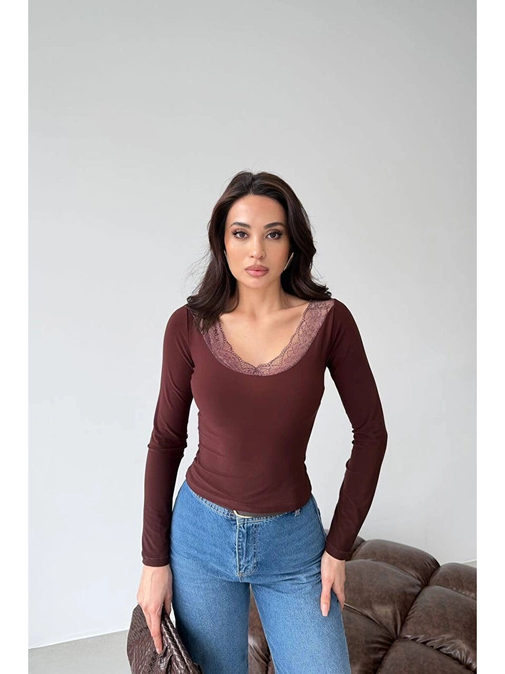 Kahverengi Kadın Kahve Yaka Dantelli Bluz 1041-2769-1