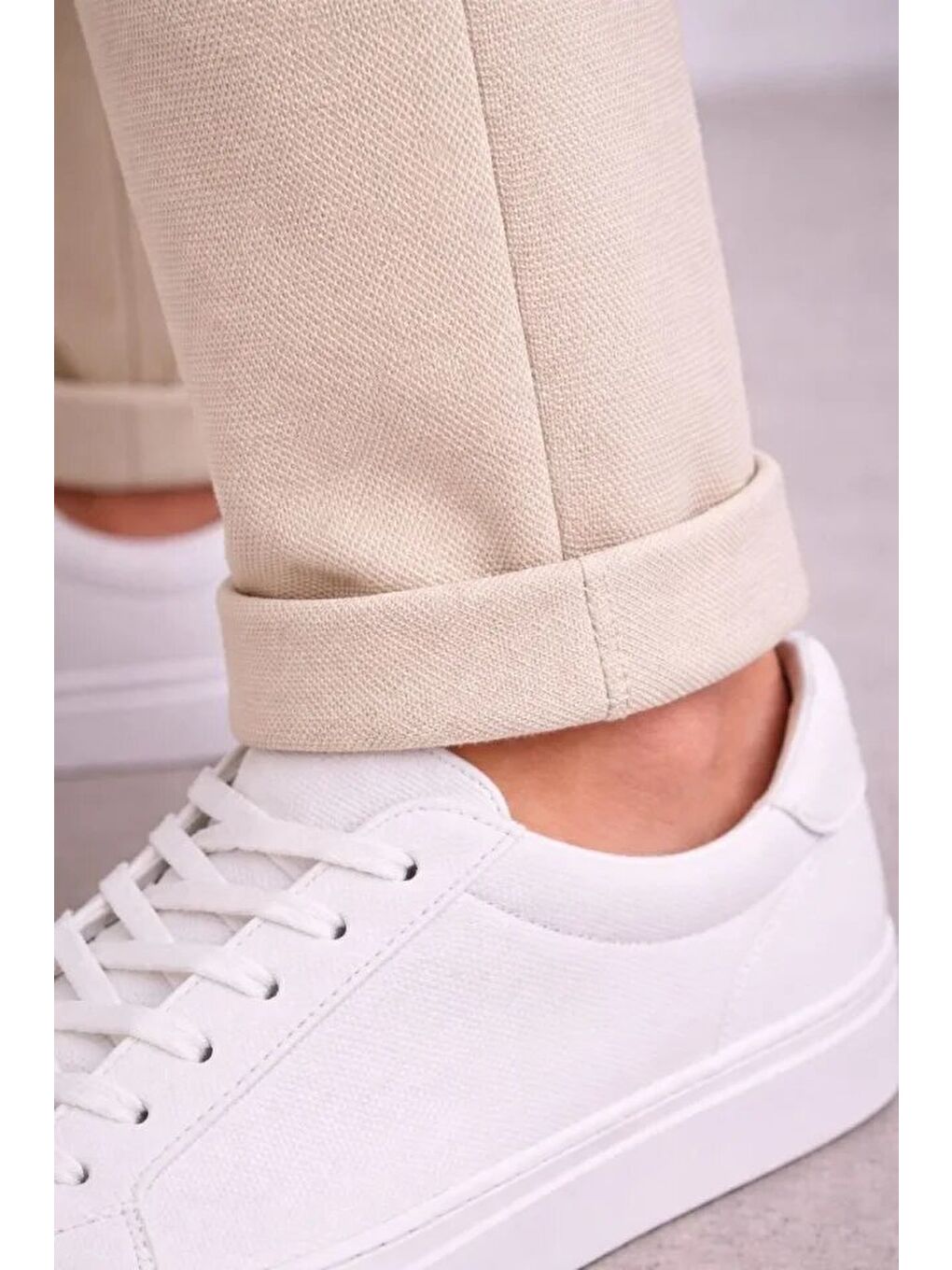 Ekru Erkek Diagonel Mikro Dokulu Duble Paça Cepli Pantolon Bağcıklı Bel, Modern Kesim - Krem-2