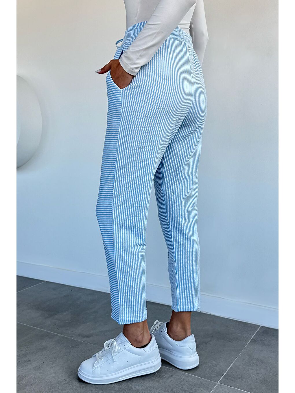 Mavi Kadın Bel Lastikli Çizgili Havuç Pantolon-2