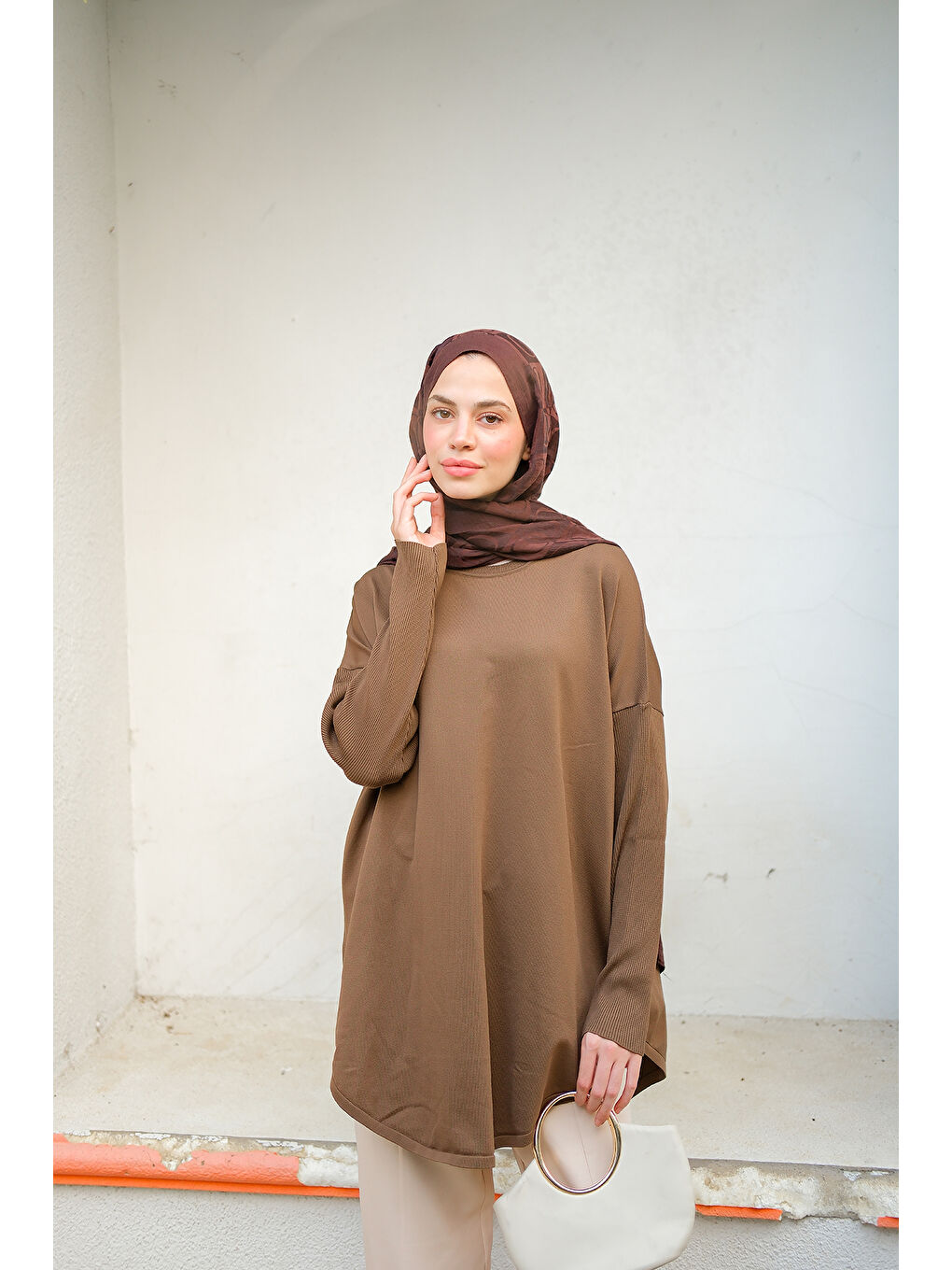 Kadın Kol Lastik Detay Tunik Kahverengi