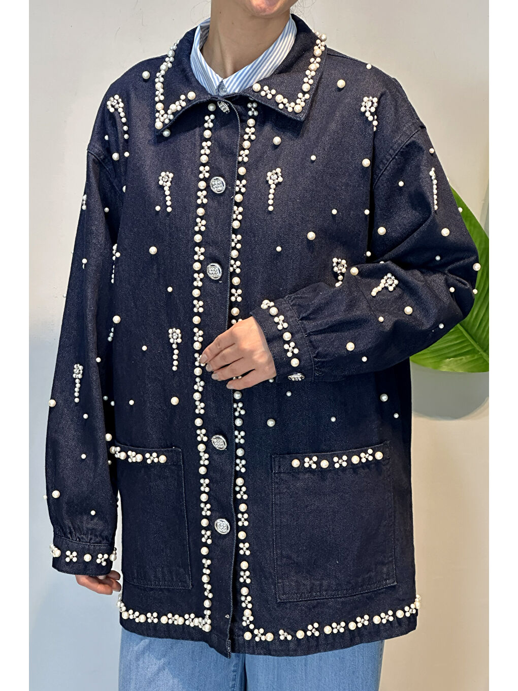 Taş ve İnci Detay Jean Ceket 7444 Lacivert
