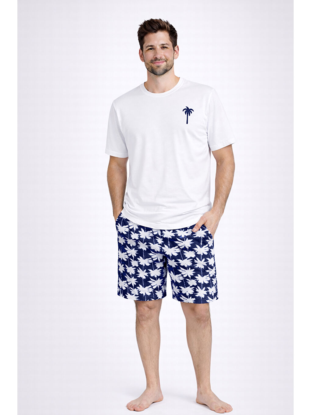 Lacivert Erkek Pamuklu Kısa Kollu Palmiye Desenli Cepli Şortlu Pijama Takımı-1