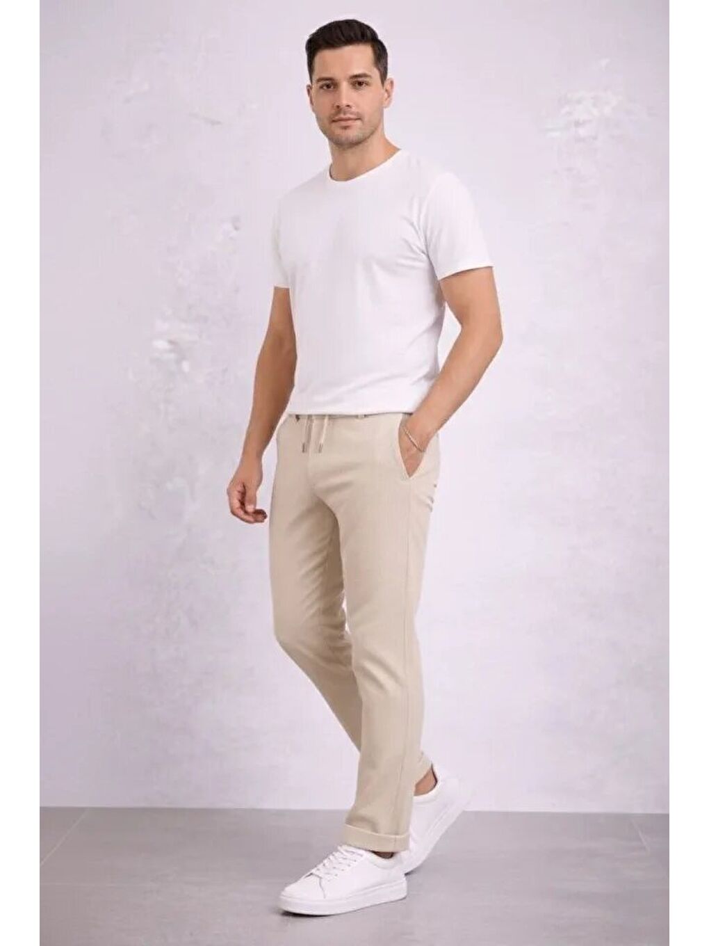 Ekru Erkek Diagonel Mikro Dokulu Duble Paça Cepli Pantolon Bağcıklı Bel, Modern Kesim - Krem-3