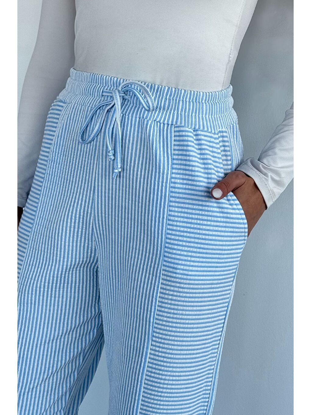 Mavi Kadın Bel Lastikli Çizgili Havuç Pantolon-3