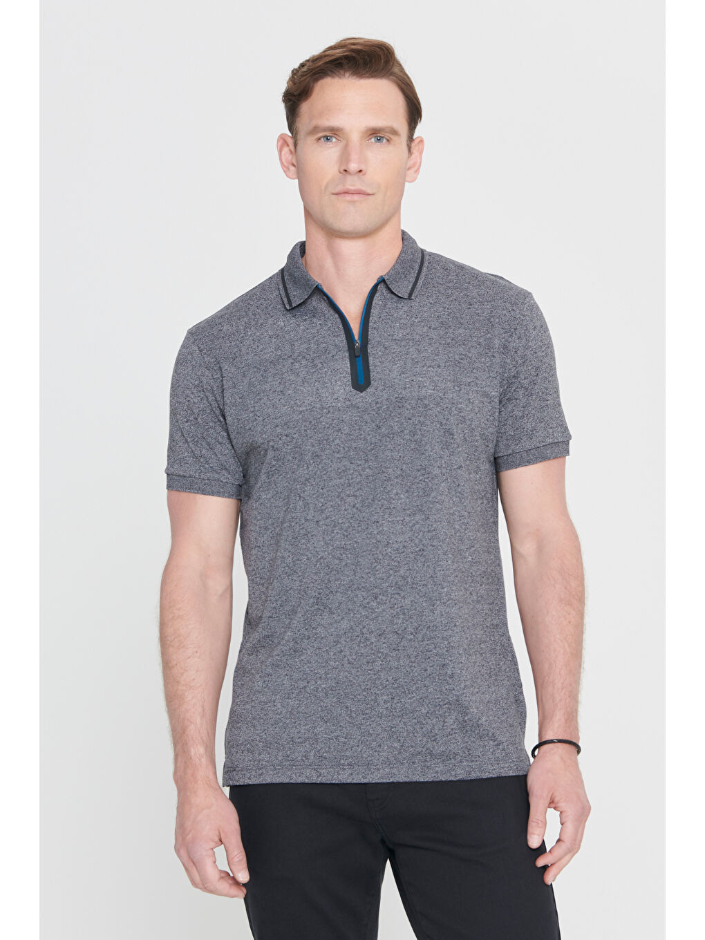 Erkek Antrasit-Melanj Slim Fit Dar Kesim Fermuarlı Polo Yaka Pamuklu Kısa Kollu %100 Pamuk Tişört