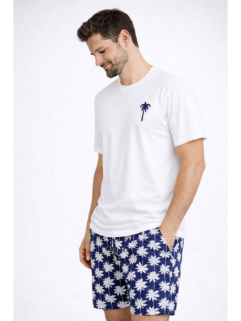 Lacivert Erkek Pamuklu Kısa Kollu Palmiye Desenli Cepli Şortlu Pijama Takımı-2