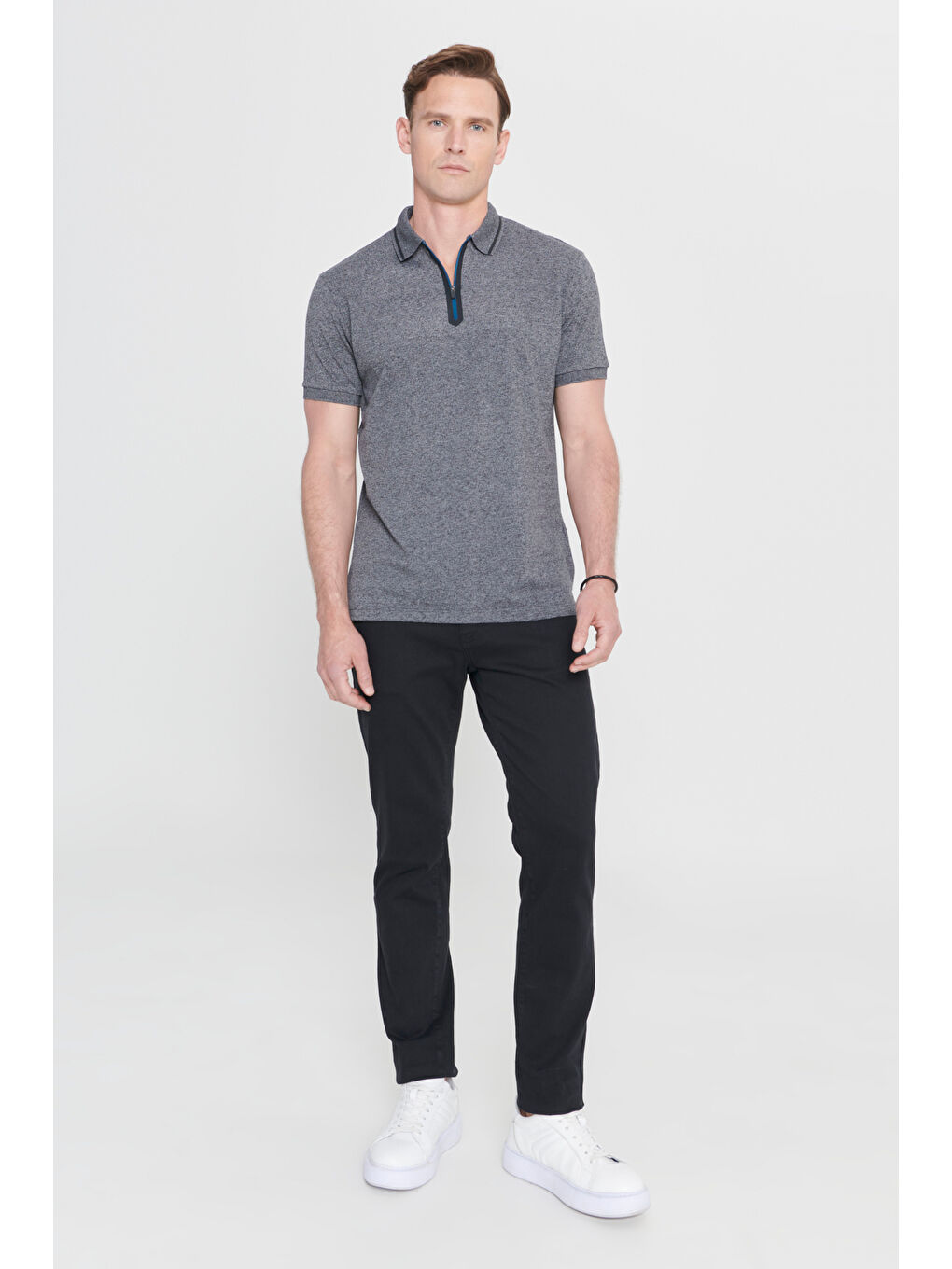 Erkek Antrasit-Melanj Slim Fit Dar Kesim Fermuarlı Polo Yaka Pamuklu Kısa Kollu %100 Pamuk Tişört-1
