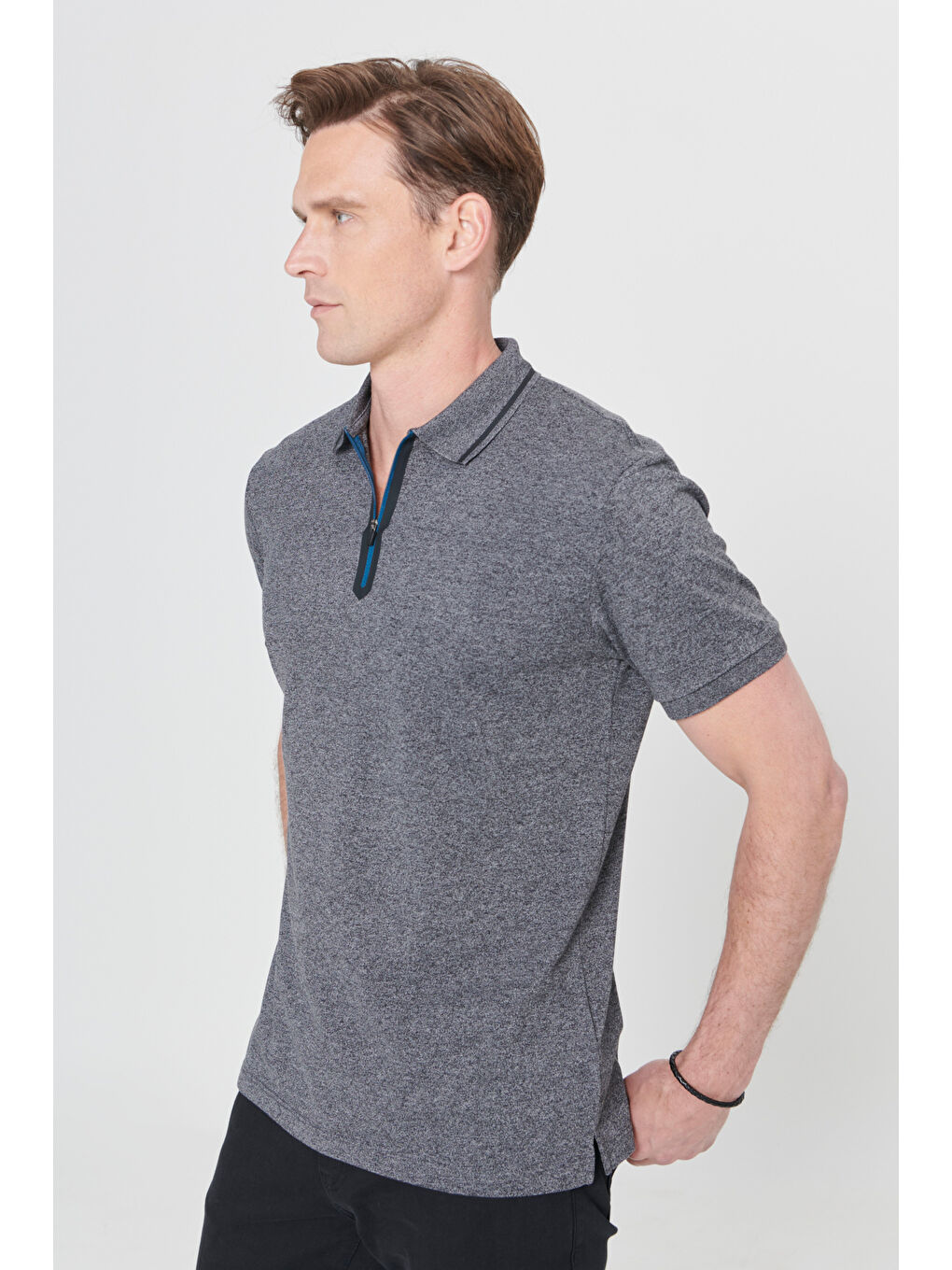 Erkek Antrasit-Melanj Slim Fit Dar Kesim Fermuarlı Polo Yaka Pamuklu Kısa Kollu %100 Pamuk Tişört-2