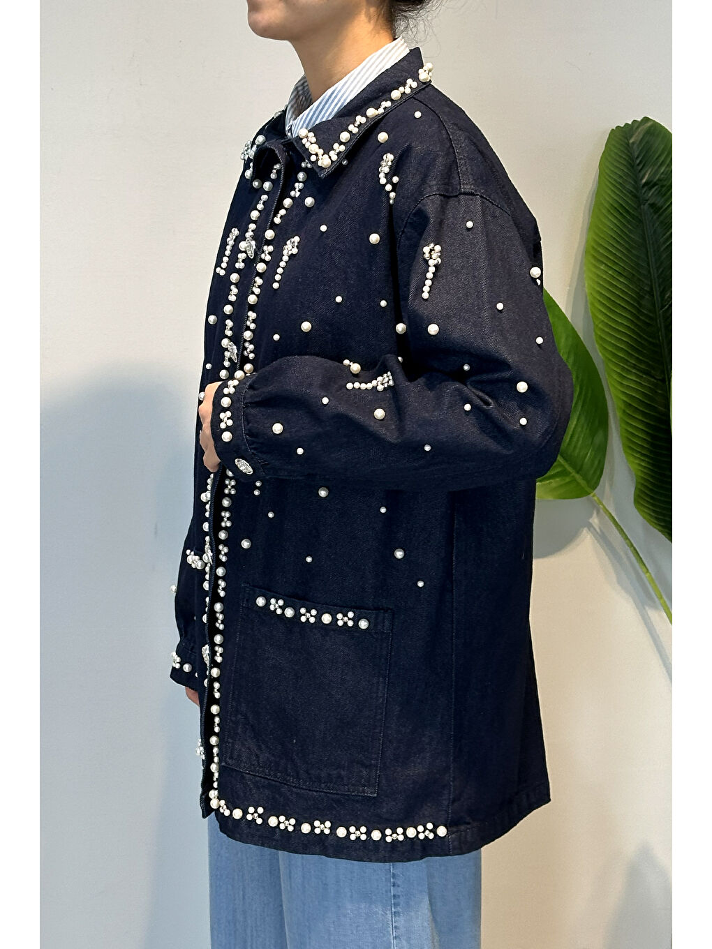 Taş ve İnci Detay Jean Ceket 7444 Lacivert-1