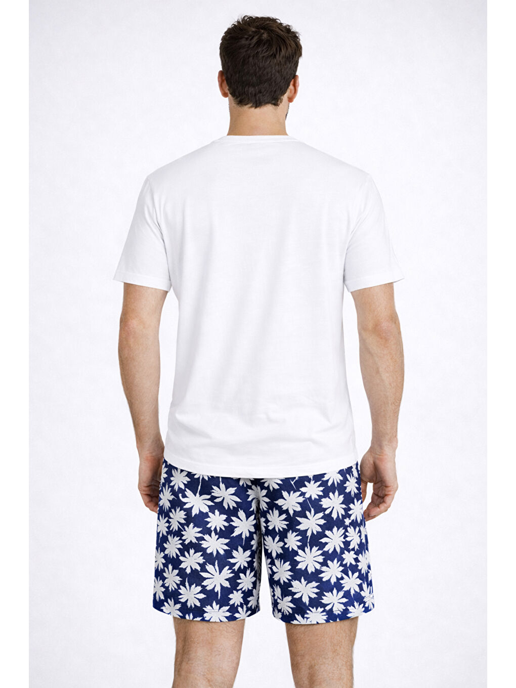 Lacivert Erkek Pamuklu Kısa Kollu Palmiye Desenli Cepli Şortlu Pijama Takımı-3