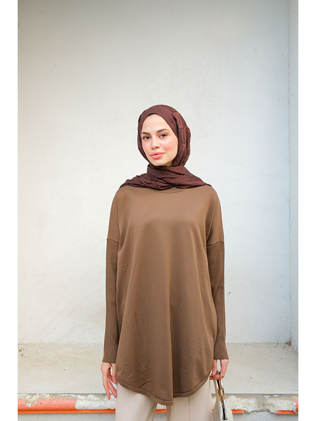 Kadın Kol Lastik Detay Tunik Kahverengi-1