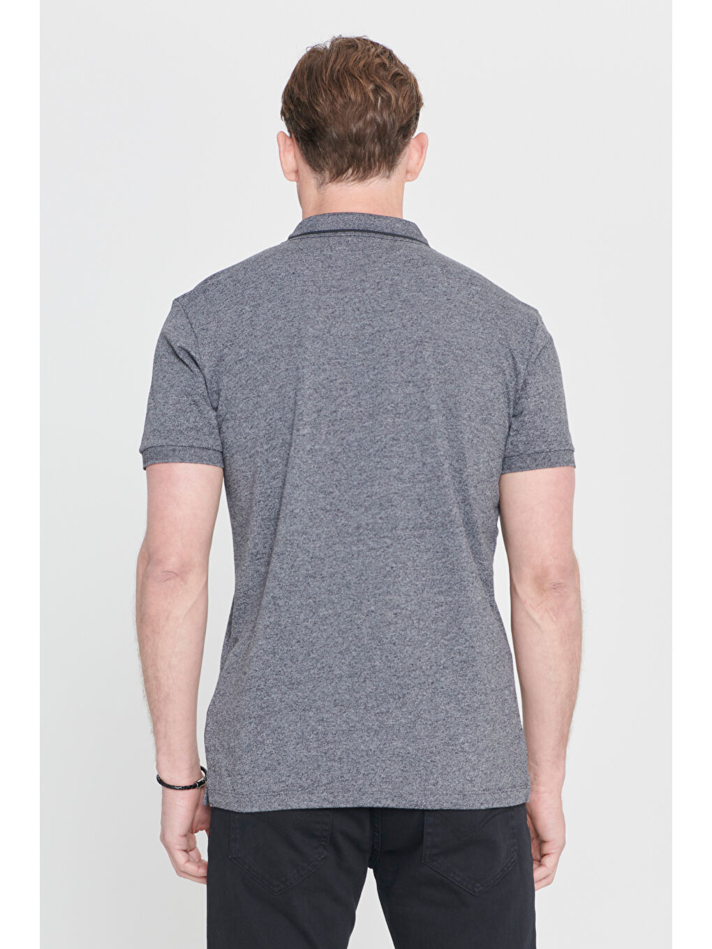 Erkek Antrasit-Melanj Slim Fit Dar Kesim Fermuarlı Polo Yaka Pamuklu Kısa Kollu %100 Pamuk Tişört-4