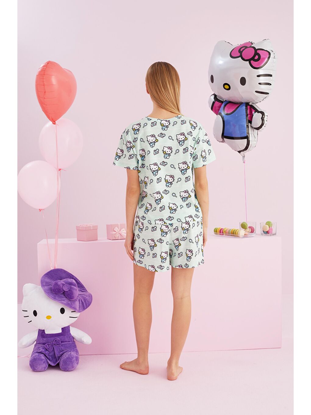 SİYAH İNCİ Yeşil Hello Kitty Lisanslı %100 Pamuk Yeşil Çok Renkli Bisklet Yaka Şort Pijama Takım - 1