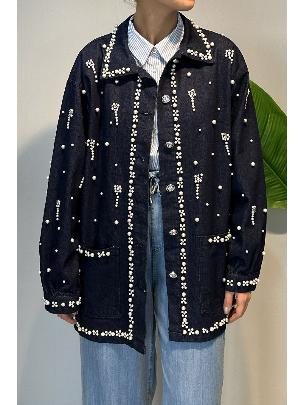 Taş ve İnci Detay Jean Ceket 7444 Lacivert-3