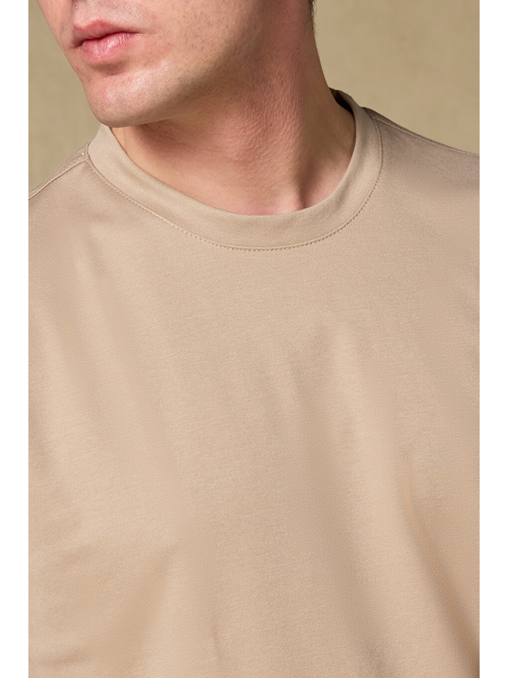 Palm Merserize Pamuklu Modern Fit Koyu Bej Bisiklet Yaka Erkek Düz Shirt-2