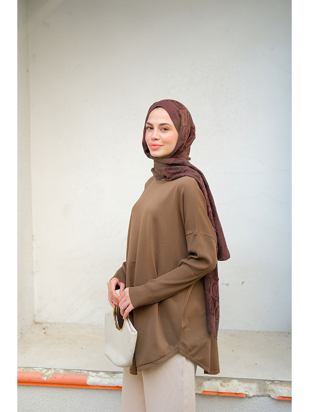 Kadın Kol Lastik Detay Tunik Kahverengi-2