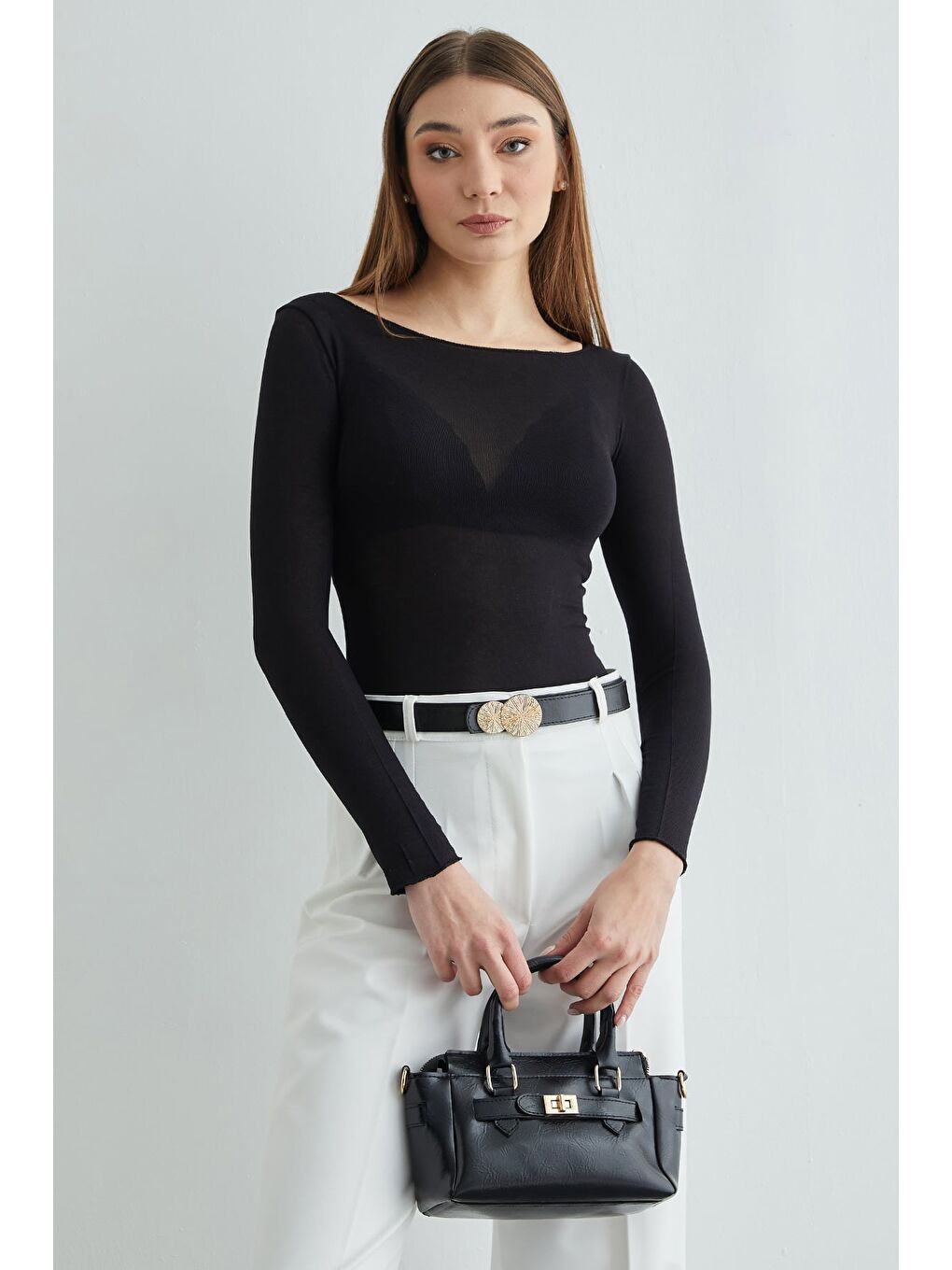 Siyah Kayık Yaka Transparan Bluz-2