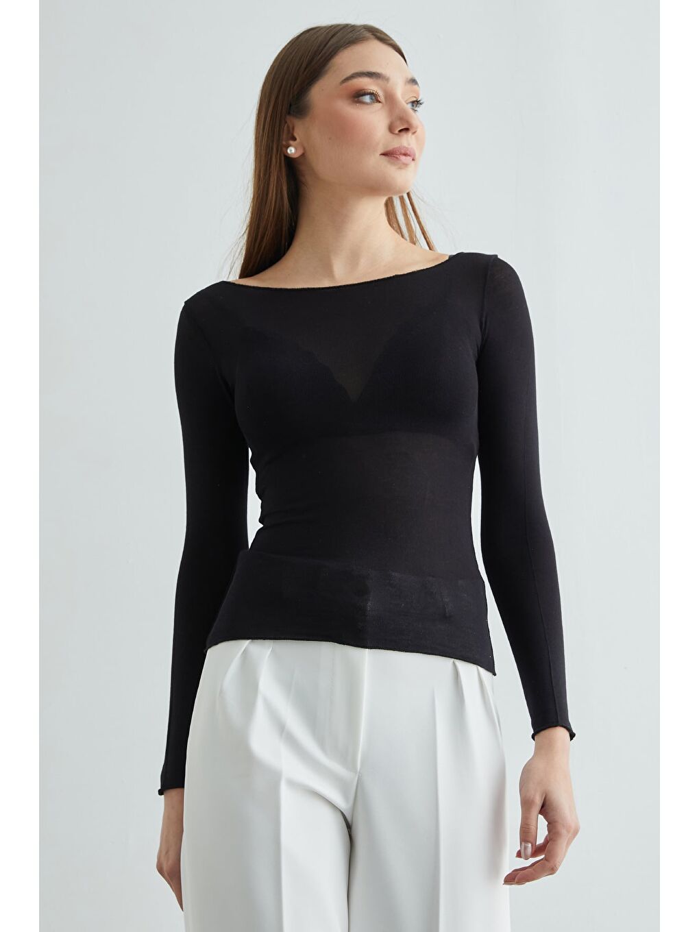 Siyah Kayık Yaka Transparan Bluz-3